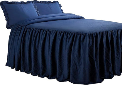Lush Decor Ruffle Skirt Bedspread Set - 3-Piece Luxurious Farmhouse Bedding - Elegant Ruffle Detail - Timeless Style - Soft Lightweight Sheets - Queen, Navy