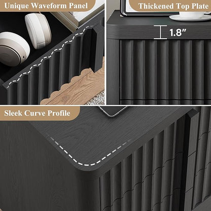 Fluted Dresser for Bedroom, 47" Wide 6 Drawer Dresser, Modern Chest of Drawers with Solid Wood Handle, Curved Profile Design, Wood Dressers Storage Organizer, Living Room, Hallway, Black