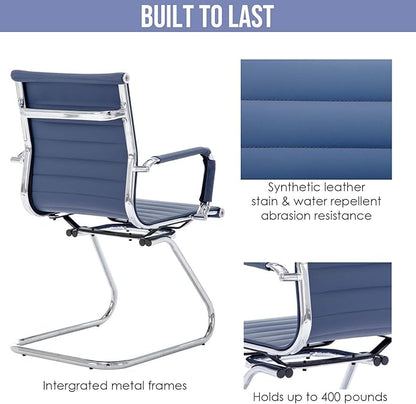 Wahson Office Guest Chairs Set of 2, Leather Reception Chairs, Mid Back Waiting Room Chair, Conference Chairs with Sled Base, Desk Chair No Wheels for Meeting/Lobby/Restroom, Navy Blue