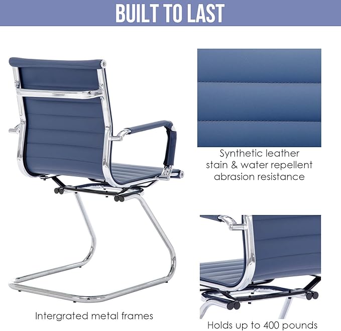 Wahson Office Guest Chairs Set of 4, Leather Reception Chairs, Mid Back Waiting Room Chair, Conference Chairs with Sled Base, Desk Chair No Wheels for Meeting/Lobby/Restroom, Navy Blue