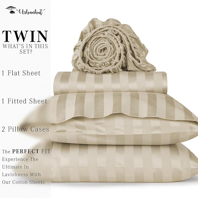 URBANHUT 800 Thread Count 100% Cotton Damask Twin Size Sheets, 4 Piece Striped Twin Size Bedsheets, Luxury Hotel Sheets Sateen Weave - Better Than Egyptian, 14" Elasticized Deep Pocket- Ivory