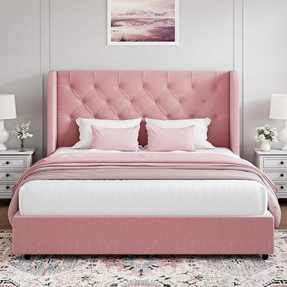 HOMBCK Pink Queen Bed Frame, Upholstered Platform Bed Frame with Velvet Tufted Headboard, Curved Wingback Design, Wooden Slats, No Box Spring, Noise Free, Easy Assembly