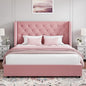 Full Bed Frame, Pink Velvet Upholstered Bed Frame Full with Headboard and Wide Wingback, Sturdy Wooden Slats Support, No Box Spring Required, Noise Free, Easy Assembly, Pink
