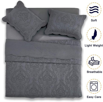 CHIXIN Bedspread Coverlet Set Queen Size - Lightweight Bedding Cover - Beautiful Stitching - 5 Piece Reversible Bedspread - Gorgeous Damask Paisley Pattern (Queen, Dark Grey)