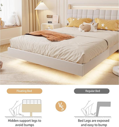 Queen Size Floating Bed Frame with LED Lights & USB Charging Ports, Upholstered Platform Bed with Storage Headboard & Hidden Shelves, Modern Floating Design for Bedroom or Guest Room, Beige