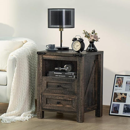 Joaxswe Nightstand with Charging Station and USB Port, Farmhouse Side End Table with 2 Drawers and Shelf Storage, Wooden Sofa Table, Bedside Cabinet for Bedroom, Living Room, Closet, Office (Dark Oak)