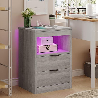 Tiptiper LED Nightstand with Wireless Charging Station, Farmhouse Nightstand with LED Light, Rustic End Table Side Table with Drawers, Pull-Out Tray and Open Storage, Grey Wood Grain