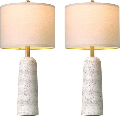BOBOMOMO 27.25" Modern Table Lamp Set of 2, White Resin Table Lamps with Stone Look, Lamps for Living Room with Linen Shades, Bedside Lamps for Bedroom, Nightstand, Entryway