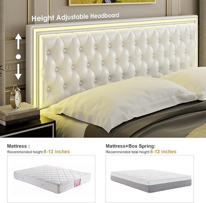 Keyluv Queen Upholstered LED Bed Frame with 4 Drawers, Pu Leather Platform Storage Bed with Adjustable Button Tufted Headboard and Solid Wooden Slats Support, No Box Spring Needed, White
