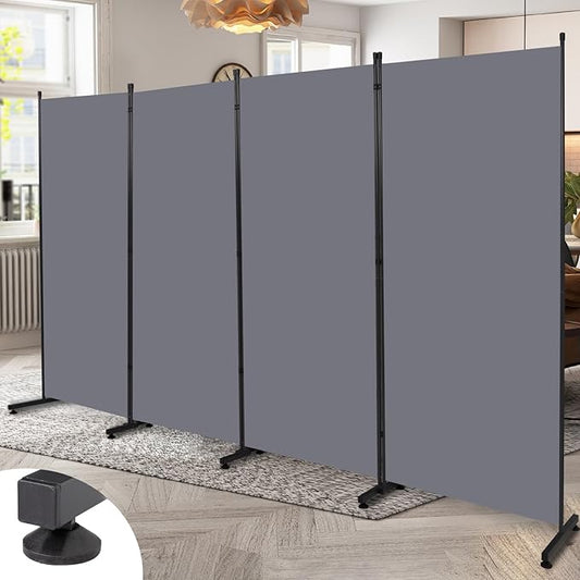 Room Divider Folding Privacy Screens with Wheels, 6FT Tall Divider for Room Separation, Movable Room Partitons and Dividers, Indoor Room Dividers Panel with Fabric (Grey, 4 Panel-136‘’-Round Pad)