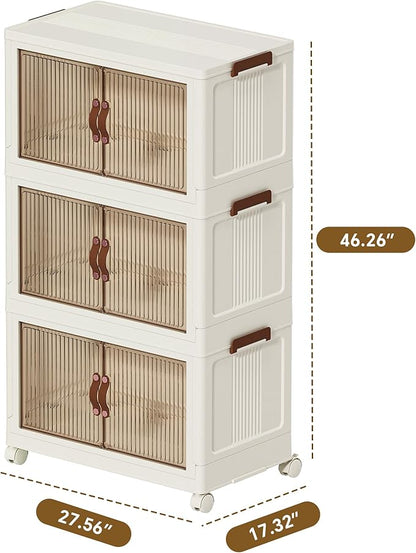 130 QT Large Plastic Storage Bins with Lids Open Front, Stackable Storage Containers with Wheels for Clothes, Home, Room, White, 3 Tiers