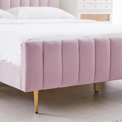 Livinia King Size Elton Velvet Platform Bed, Upholstered Bed Frame with Vertical Channel Tufted Headboard Footboard, Strong Wood Slats, No Box Spring Needed, Pink (King)