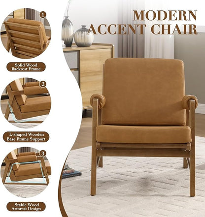 HEAH-YO Modern Accent Chair, Upholstered PU Leather Living Room Chair with Wooden Frame, Comfy Armchair with Thick Cushion for Bedroom Balcony, Brown
