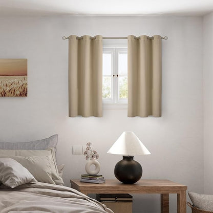 BGment Short 100% Blackout Curtains for Bedroom, Thermal Insulated Energy Efficiency Noise Reducing Grommet Curtains 45 Inch Length with Liner for Small Window 2 Panels Each 42 Inch Wide, Sand