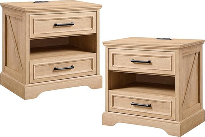 ACCOHOHO 24" Farmhouse Nightstand Set of 2 with Charging Station, 2 Drawers Large Bedside Table with Open Shelf, Rustic End Table for Bedroom - Natural Oak