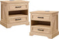 ACCOHOHO 24" Farmhouse Nightstand Set of 2 with Charging Station, 2 Drawers Large Bedside Table with Open Shelf, Rustic End Table for Bedroom - Natural Oak