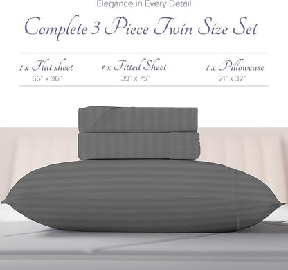 Carressa Linen Luxury Egyptian Cotton Twin Stripe Sheet Set - 600 Thread Count Extra Long Staple 3 PC Set, Twin Damask Sheet, Soft, Cooling Sateen Weave Striped Sheets Upto 18" Deep Pocket - Dark Grey