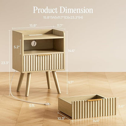 Huuger Nightstand with Charging Station, USB-C Port, Fluted Night Stand with Drawer, Bed Side Table with Solid Wood Feet, Open Storage, End Table with Raised Edge, for Bedroom, Natural