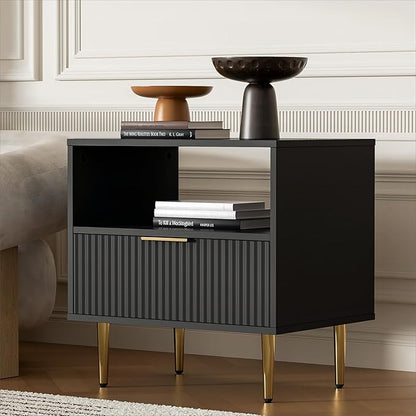 Nightstand with Drawer, End Table with Storage, Bed Side Table with Open Space for Bedroom, Modern Nightstand with Golden Handle, Side Night Stand for Bedroom, Living Room, Black