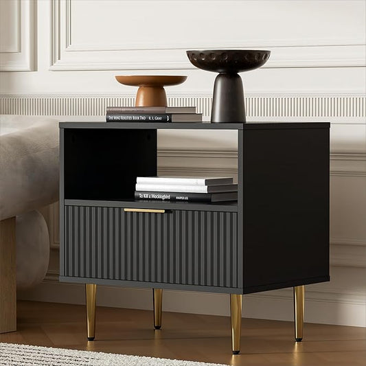Nightstand with Drawer, End Table with Storage, Bed Side Table with Open Space for Bedroom, Modern Nightstand with Golden Handle, Side Night Stand for Bedroom, Living Room, Black