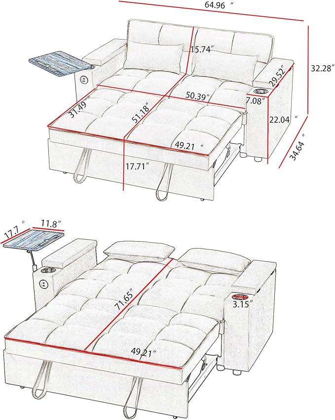 65'' Convertible Sleeper Sofa Bed with Adjustable Backrest, Chaise Lounge, Side Table & USB/Type-C Ports – Stylish & Functional Addition to Any Living Room (Light Grey)