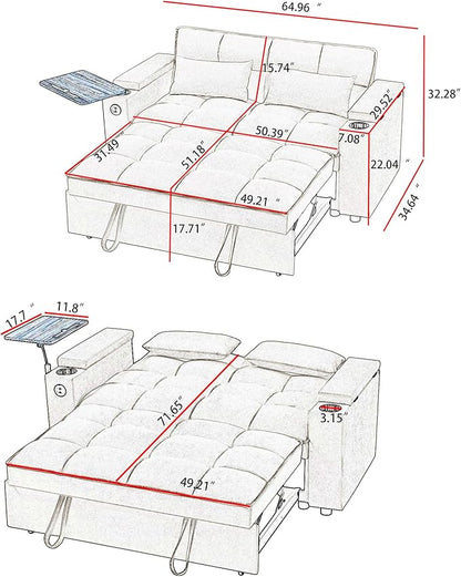 65'' Convertible Sleeper Sofa Bed with Adjustable Backrest, Chaise Lounge, Side Table & USB/Type-C Ports – Stylish & Functional Addition to Any Living Room (Light Grey)