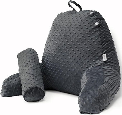 Reading Pillow for Sitting in Bed, Extra Large Backrest Support Cushion with Arms, Sit up Back Pillow Shredded Memory Foam back support Chair Pillow, Bed Rest Pillows with pocket, Detachable Neck Roll