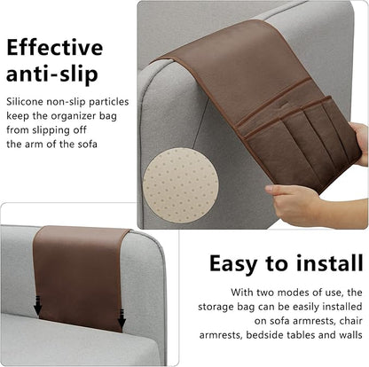 WETRBWEH Remote Control Holder for Armchair, Couch Caddy Organizer TV Remote Holder for Bed Storage 5 Pockets, Remote Caddy Bedside Organizer Bedside Table Organizer (Brown, 35"x12.4")