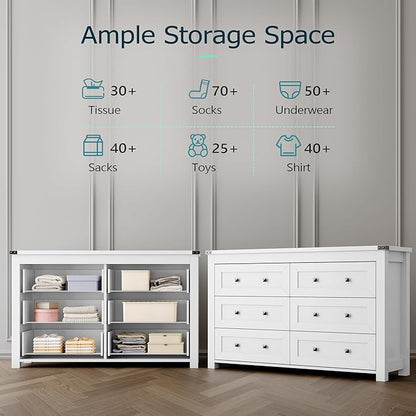 Dresser for Bedroom with 6 Drawers, Farmhouse Wood Chest of Drawers, Wide TV Stand Closet Storage Furniture with Metal Handle, Modern Clothes Organizer for Hallway, Living Room, Entryway, White