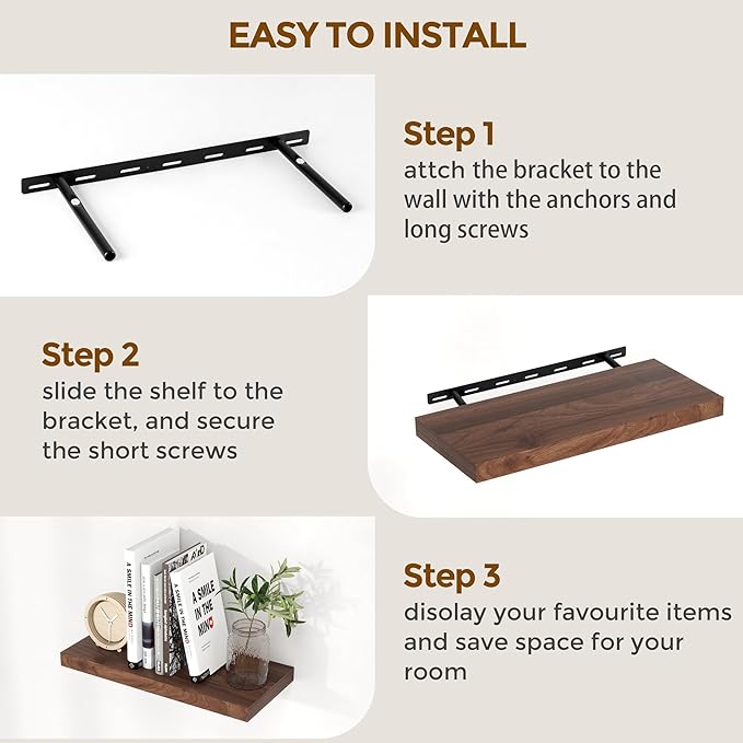 40 Inch Floating Shelves for Wall, 9.3 Inch Deep Shelves for Books & Decor, Wall-Mounted Floating Shelf 40 Inch Long Set of 2, Rustic Wooden Shelf for Living Room, Bedroom, Kitchen, Walnut
