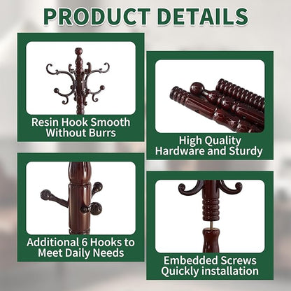 Wood Coat Rack Stand, Wooden Coat Rack Freestanding with Sturdy Round Base, Vintage Coat Racks with 14 Hooks, Natural Birch Wood Entryway Coat Tree Hanger Stand Easy to Assemble