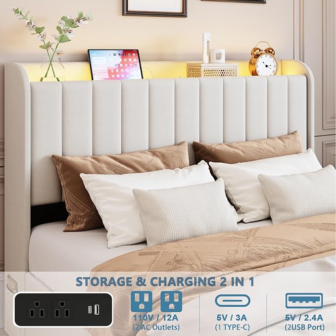 Full Bed Frame with 4 Drawers and Storage Headboard, Upholstered Platform Bed Frame Full Size with Led Lights and Handy Charging Station, No Box Spring Needed, Easy Assembly, Noise Free, Beige
