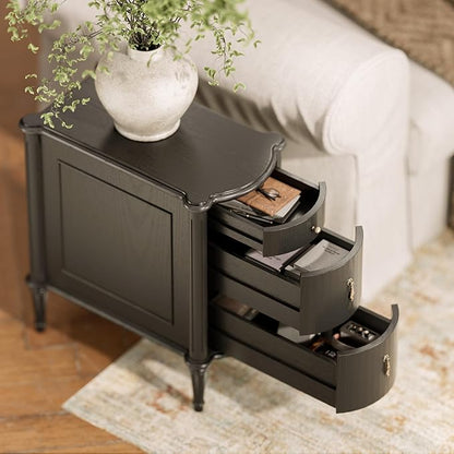 STO'SENSE Nightstand w/Charging Station & 3 Drawers, Pre-Assembled, Vintage Side Table w/Antique-Finished Pulls, Rustic Wood Finish, Narrow End Table w/Turned Legs for Bedroom (1, Black)