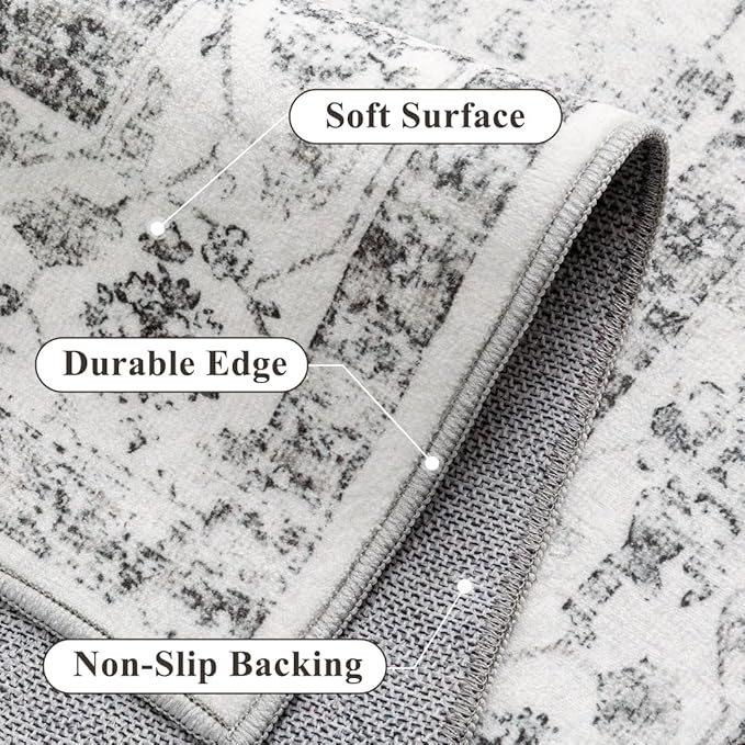 Grey 5x8 Area Rug Vintage Washable Living Room Carpet Non Slip Neutral Bedroom Indoor Office Low Pile Traditional Distressed Retro Gray Accent Rug for Dining Room Bathroom Kitchen