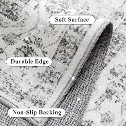 Grey 2x5 Runner Rug Vintage Area Carpet Hallway Indoor Kitchen Washable Low Pile Traditional Distressed Retro Accent Throw Rug Non Slip for Laundry Bathroom Office