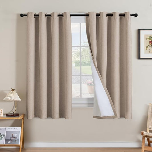 H.VERSAILTEX Linen Curtains 100% Blackout Curtains for Bedroom 63 inch Long Full Light Blocking Nature Linen Blended Window Curtains for Living Room Nickel Grommet (2 Panels, Heathered Sand)