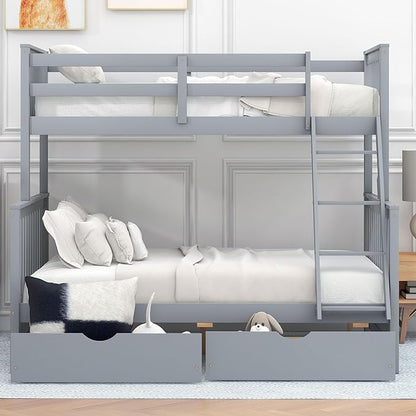 Merax Wood Bunk Bed with Drawers,Convertible Wood Bunk Bed with Ladders and Two Storage Drawers,Solid Wood Detachable Bed Frame with Ladders,Twin Over Full Size,Grey