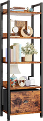 Furologee 5 Tier Bookshelf with Drawer, Tall Narrow Bookcase with Shelves, Wood and Metal Bookshelves Storage Organizer, Industrial Display Standing Shelf Unit for Bedroom, Living Room, Rustic Brown