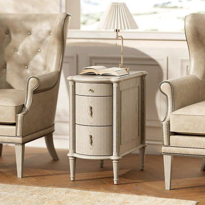 STO'SENSE Nightstand w/Charging Station & 3 Drawers, Pre-Assembled, Vintage Side Table w/Antique-Finished Pulls, Rustic Wood Finish, Narrow End Table w/Turned Legs for Bedroom (1, Antique Grey)