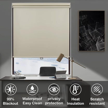HESTIA No Drill Cordless Blackout Roller Shades Screwless Waterproof Shower Window Blinds, Auto-Retraction Easy Install Blind for Bathroom/Kitchen/Office/Exterior, Cream, 51" W x 72" H