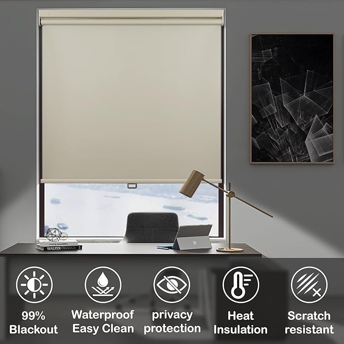 HESTIA No Drill Cordless Blackout Roller Shades Screwless Waterproof Shower Window Blinds, Auto-Retraction Easy Install Blind for Bathroom/Kitchen/Office/Exterior, Cream, 27.5" W x 72" H