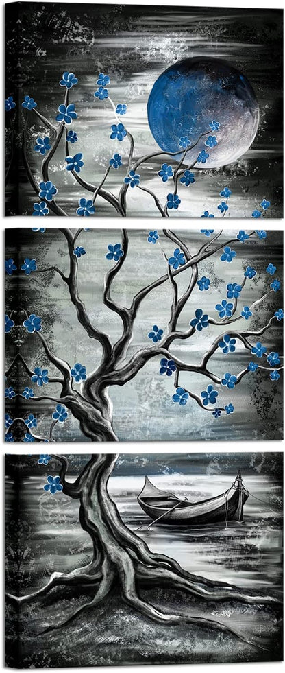 KREATIVE ARTS 3 Piece Full Moon Tree Canvas Wall Art Modern Abstract Black and White Tree Landscape Painting Prints for Bedroom Bathroom Decor Gallery Wrapped Artwork Ready to Hang (Blue)