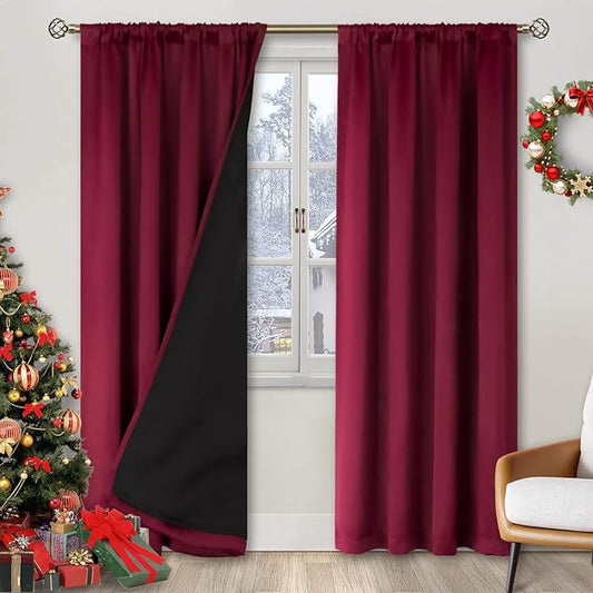 BGment Blackout Curtains for Living Room 84 Inch Length, Christmas Thermal Insulated Full Room Darkening Noise Reducing Rod Pocket Bedroom Curtains，2 Panels， Burgundy Red，52 Inch Wide
