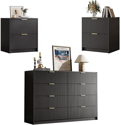 3-Piece Dresser Bedroom Set, 8 Drawer Dresser & 2 Drawer Nightstands with Gold Handles, Fluted Wood Chest of Drawers for Bedroom, Living Room, Entryway, Black
