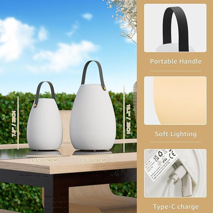 uuffoo 2 Pack Portable Outdoor Table Lamp - Dimmable Rechargeable Night Lights w/ Remote and 7 RGB Colors, IP44 Water-Resistant Hanging Lantern for Patio, Tent, Bedroom, Garden, Emergency