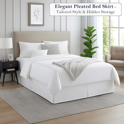 Queen Bed Skirt, Luxury 16 Inch Drop White Pleated Bed Skirt, Double Brushed Microfiber, Box Pleat Design, Wrinkle & Fade Resistant, Easy Fit Tailored Bedskirt for Queen Size Beds