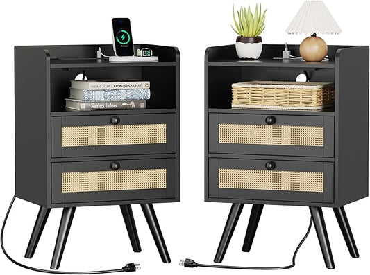 SUPERJARE 2 Drawer Night Stand with Charger Station, Boho Rattan Nightstand Set of 2, 25.2 Inch Tall Bed Side Table with Solid Wood Feet, End Table, Open Storage, Synthetic Rattan, for Bedroom, Black