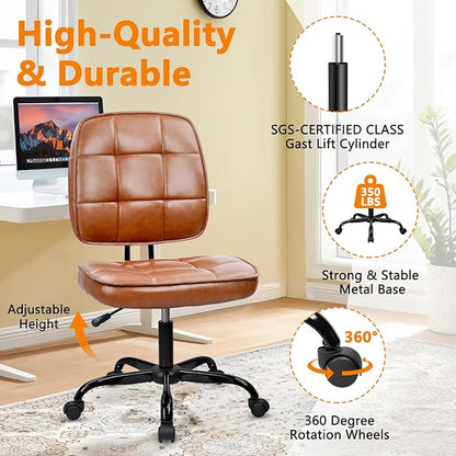 CLATINA Armless Home Office Chair with Lumbar Support and Wheels, Small PU Leather Ergonomic Low Back Desk Chairs No Arms, Adjustable Height 360° Swivel Rolling Computer Task Chair, Brown, 6 Pack