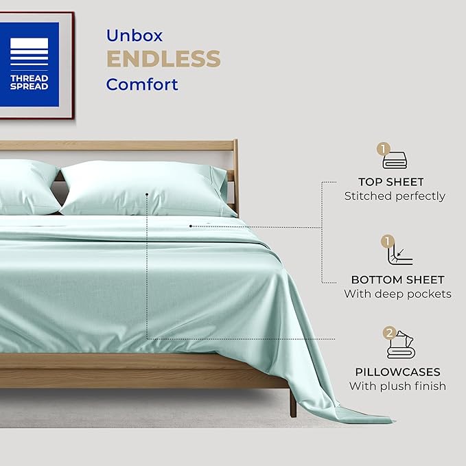 THREAD SPREAD California King Sheet Sets Cotton - 400 Thread Count 100% Cotton Cal King Sheets Set, 4 PC (Sea Foam), Luxury Soft, Cooling, Breathable 16" Deep Pocket Sateen Weave Hotel Bedsheets