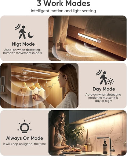 Under Cabinet Lighting Wireless, Rechargeable 62 LED Motion Sensor Light Indoor, 3 Color Temps Closet Lights with Remote Control, Dimmable Magnetic Under Counter Lights for Kitchen, Stairs, 4 Pack
